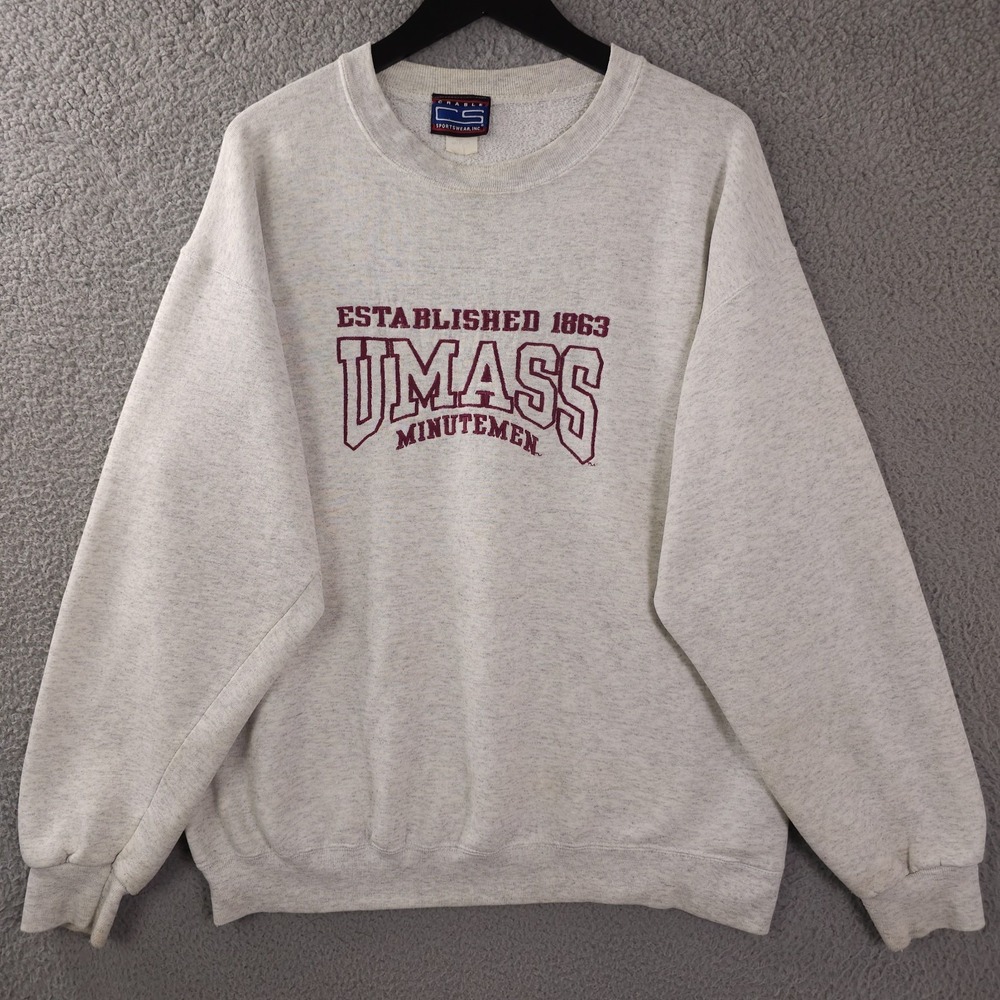 VTG 90s UMass Minutemen Sweatshirt Mens L Gray Embroidered Crable Sportswear USA